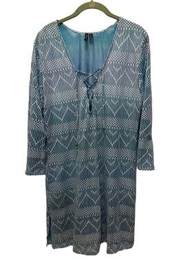 Portocruz Women’s Blue Patterned Swim Cover-Up with Lace-Up V-Neck Size XL
